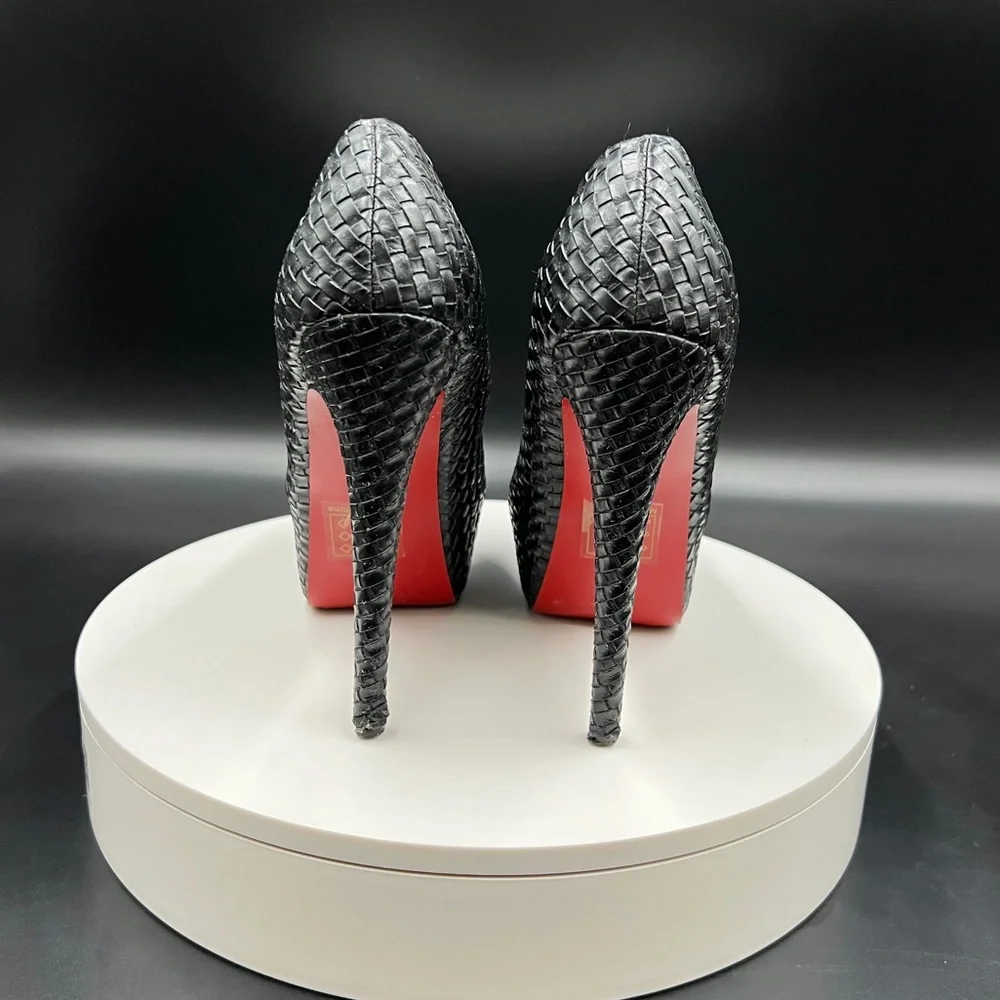 Black Weaved Platform Machi Heels with Red Bottoms - Picture 4 of 4
